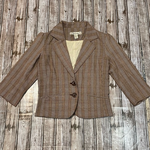 Gadzooks Jackets & Blazers - VTG 90s Y2K Gadzooks Brown Plaid Two-Button Blazer 3/4 Sleeve Women’s Sz Medium